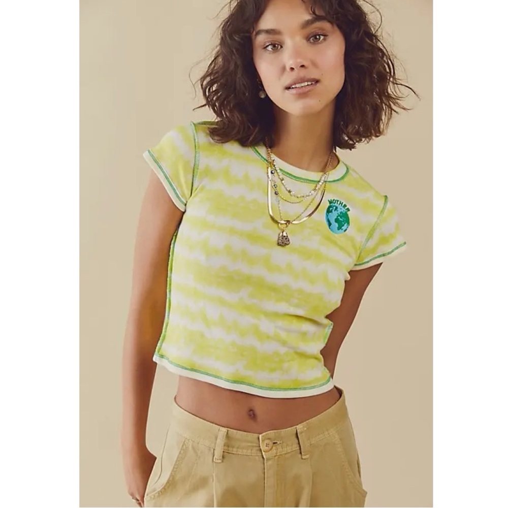 Free People Made Some Souvenirs Earth Yellow Striped Fitted Cropped Tee NWOT